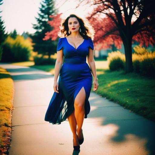 Photograph of a confident brunette woman in a red and green belted dress, walking down a sunlit autumn street with parked cars and illuminated storefronts