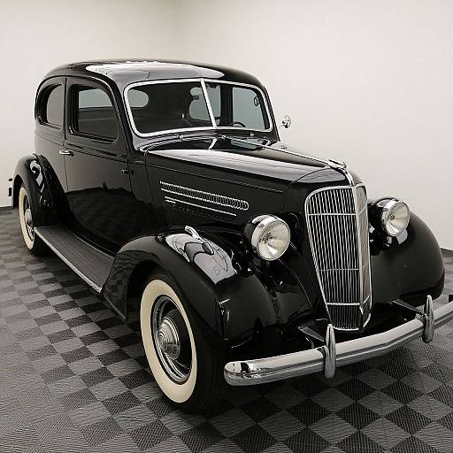 Photograph of a sleek, vintage black sedan with chrome grille, white-walled tires, and shiny finish, parked on a checkered floor.