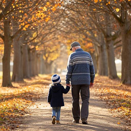 Photograph of an elderly man and young child holding hands, walking down a sunlit autumn path lined with orange-leaved trees.