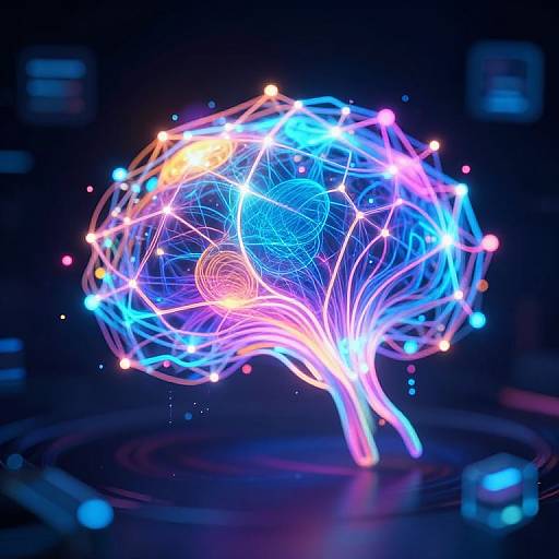 Digital art of a glowing, neon-colored, abstract brain with interconnected, luminous lines and colorful dots against a dark background.