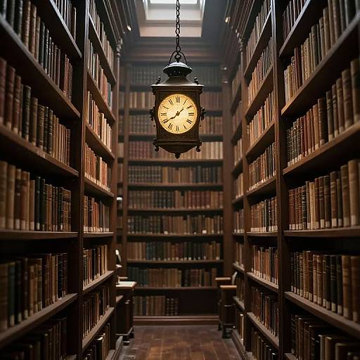 Photograph of a dimly lit library aisle with tall wooden bookshelves on both sides, lined with books, leading to a clock hanging from the