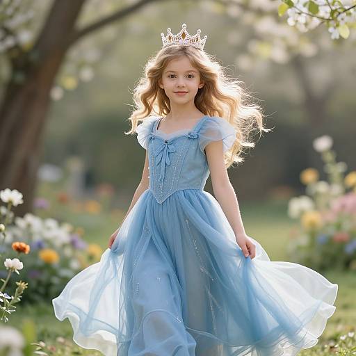 Photograph of a young blonde girl in a light blue, flowing princess dress with a sparkling crown, standing in a sunlit garden filled with colorful flowers