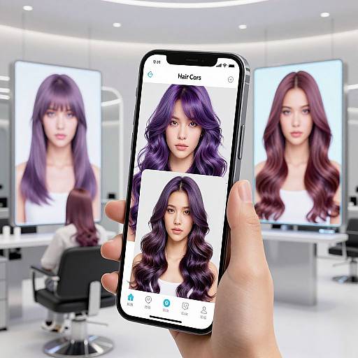 Photograph of a smartphone in hand, displaying a digital portrait of a woman with long purple hair, mirrored by two large screens in a modern, brightly