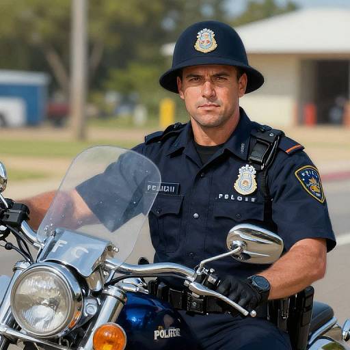 Photograph of a serious, muscular male police officer in uniform, black hat, riding a motorcycle with a clear windshield, sunny outdoor background.