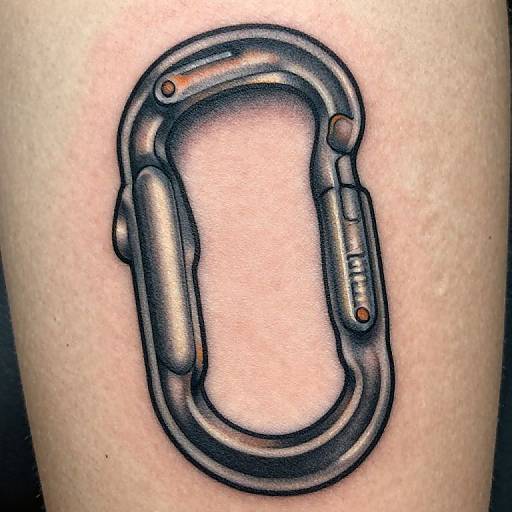 Photograph of a black and gray tattoo on pale skin, depicting an industrial-style metal dog tag with small orange rivets.
