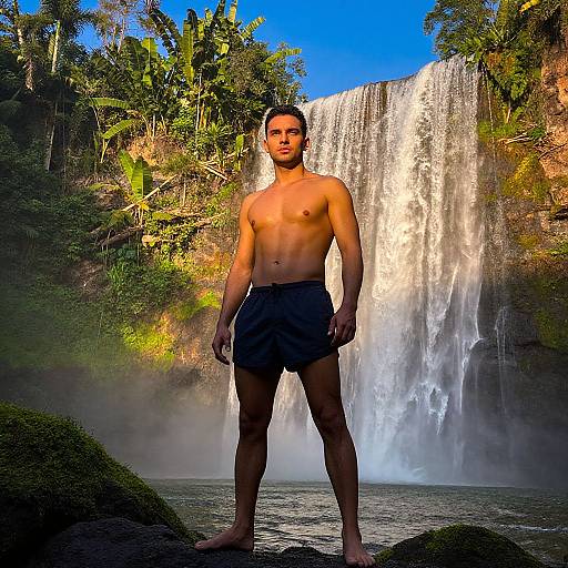 Photograph of a muscular, shirtless man with short dark hair, wearing black swim trunks, standing in front of a large waterfall surrounded by lush