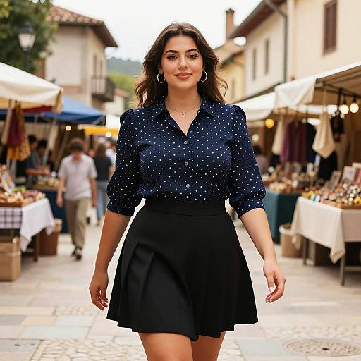 Photograph of a confident woman with wavy brown hair, wearing a navy polka dot blouse and black skirt, walking down a bustling outdoor market street