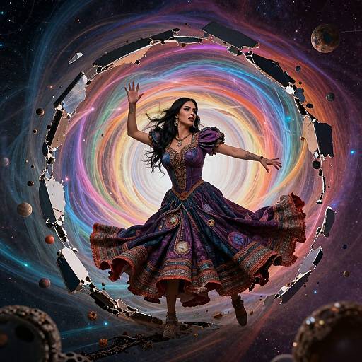 Digital artwork of a dark-haired woman in a vivid, ornate purple dress, floating in a swirling, multicolored galaxy with planets.