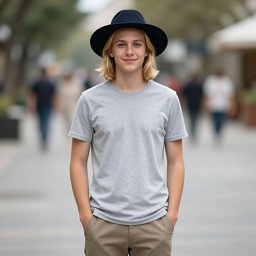 Photograph of a young blonde man with shoulder-length hair, wearing a black hat, light gray t-shirt, and beige pants, standing with hands in