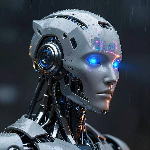 CGI image of a futuristic, silver robotic humanoid with glowing blue eyes, illuminated digital text 