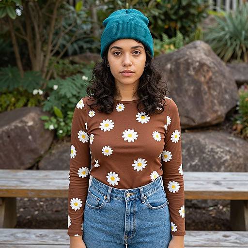 Photograph of a young woman with medium brown skin, wearing a teal beanie, brown daisy-patterned top, and high-waisted blue