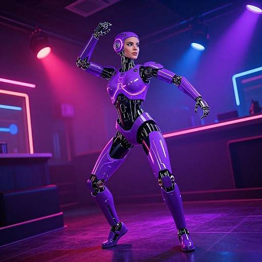 Photorealistic CGI of a glowing, purple, robotic dancer in a neon-lit club, striking a dynamic pose with colorful lights.