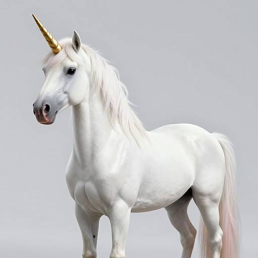 Photograph of a majestic white unicorn with a golden horn, standing against a plain light blue background, featuring a flowing pink-tinted mane and tail