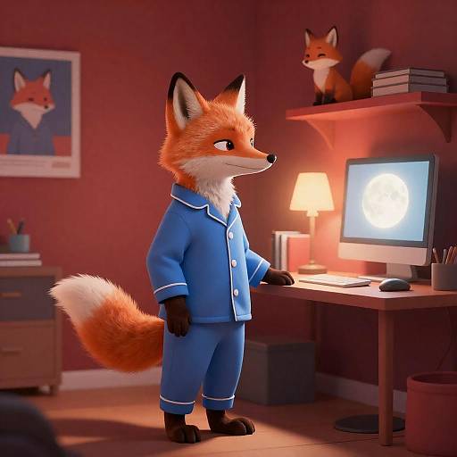 Anthropomorphic Fox in Cozy Red Room