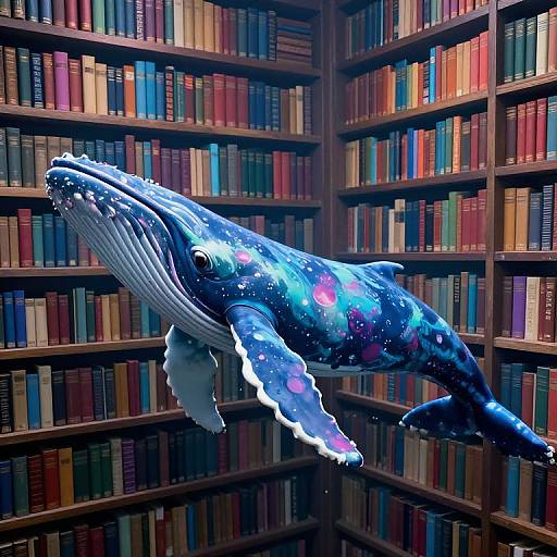 Digital artwork of a colorful, starry-patterned whale floating amidst a wooden library with colorful bookshelves in the background.