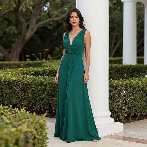 Photograph of a woman with medium skin tone and dark wavy hair, wearing a deep emerald green, sleeveless, V-neck gown, standing
