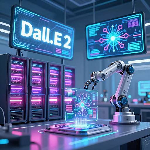 Neon-lit futuristic lab with robotic arm, glowing screens displaying 