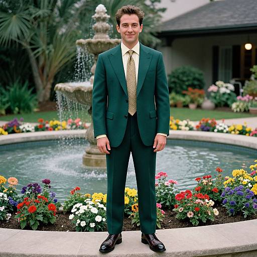 Photograph of a young man in a dark green suit, gold tie, and black shoes standing in front of a colorful garden with a fountain, smiling