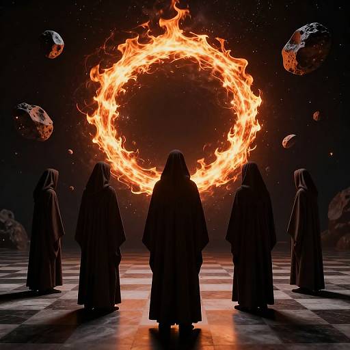 Photograph-like digital art of five robed figures facing a blazing, circular fire in a dark, starry sky, surrounded by floating asteroids.