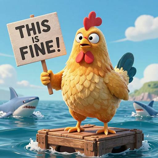 CGI cartoon chicken with yellow feathers and red comb, holding 