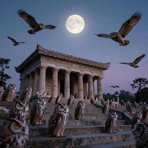 Photograph of a Greek-style temple with owl statues on steps, surrounded by flying owls under a full moon in a twilight sky.