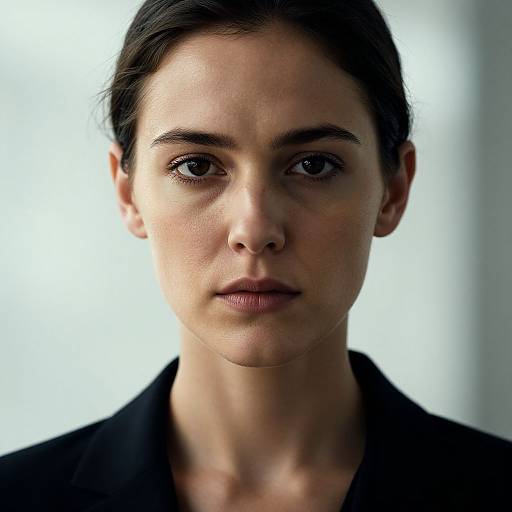Photograph of a serious, young woman with short dark hair, fair skin, and brown eyes, wearing a black top, against a white background.