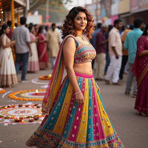 Photograph of a curvy South Asian woman with curly brown hair, wearing a colorful, embroidered traditional lehenga, standing confidently in a bustling street festival
