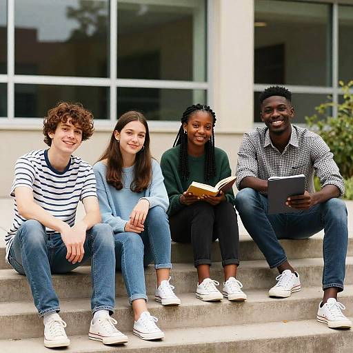 Smiling College Students on Campus Steps