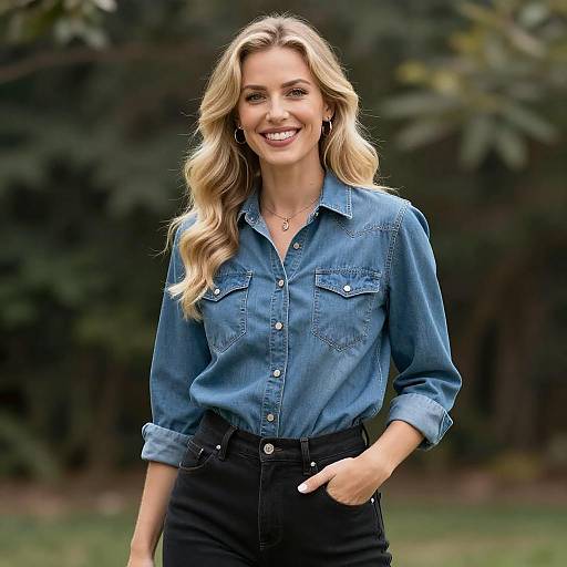 Smiling Blonde Woman in Denim Outfit