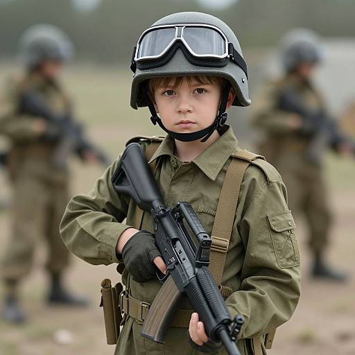 Photograph of a young boy in military gear, including a helmet with goggles, holding a black rifle, standing in a field with blurred soldiers in the