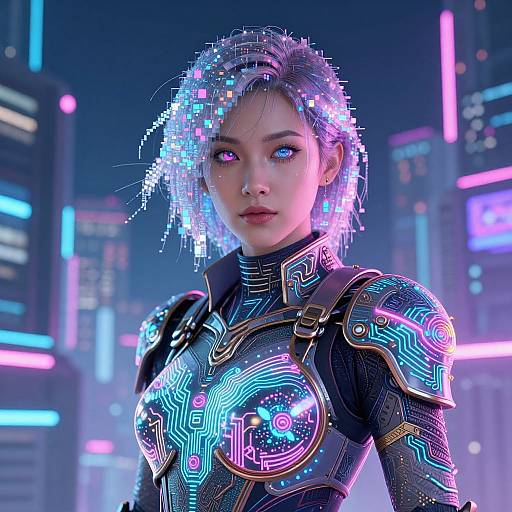Cyberpunk-style CGI image of a young Asian woman with glowing purple and blue hair, wearing futuristic neon armor, set against a neon-lit city