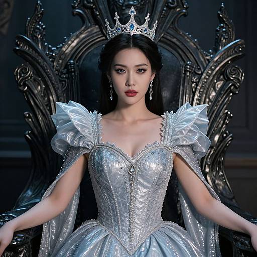 Photorealistic digital image of an Asian princess with pale skin, black hair, silver crown, and shimmering silver gown, sitting on an ornate