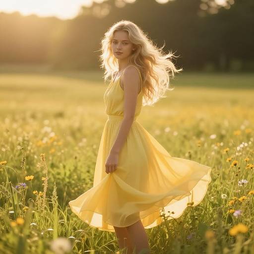 Photograph of a blonde woman with wavy hair, wearing a flowing yellow dress, standing in a sunlit meadow filled with wildflowers and tall