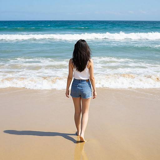 Photograph of a woman with long black hair, white top, and blue shorts, walking barefoot on a sunny beach, facing the blue ocean with