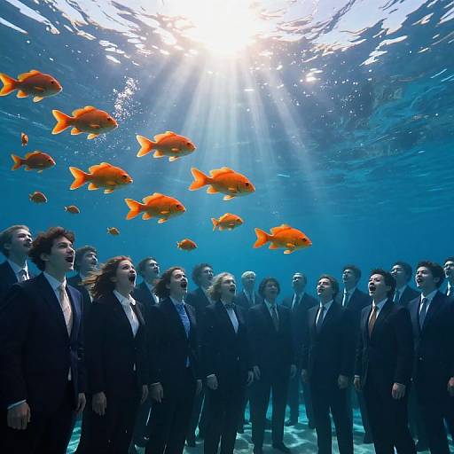 Photograph of a group of smiling, dressed men underwater, surrounded by vibrant orange fish, with sunlight streaming from above.