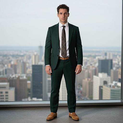 Photograph of a handsome, serious-looking man in a black suit, white shirt, patterned tie, and brown shoes, standing in front of a