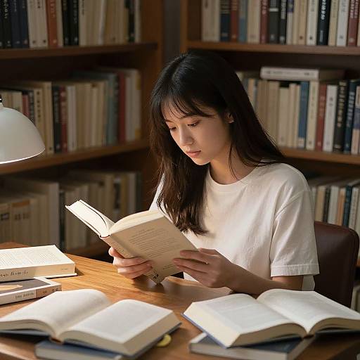 Photograph of an Asian woman with long black hair, wearing a white t-shirt, reading a book in a dimly lit library, surrounded by open