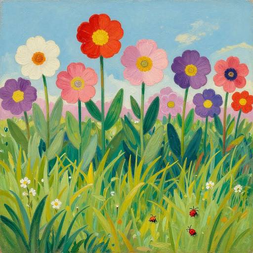 Vibrant oil painting of a sunny meadow with tall, colorful flowers (red, pink, white, purple) and green grass, dotted with