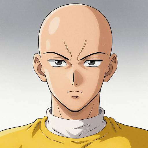 Digital anime-style portrait of a bald, stern-faced male with pale skin, wearing a yellow shirt and white turtleneck, against a gradient blue-gray