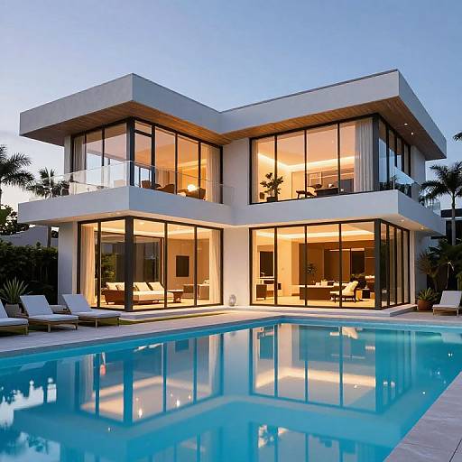 Modern two-story house with large floor-to-ceiling windows, illuminated from inside, overlooking a reflecting pool at twilight. Palm trees in background. Photograph.
