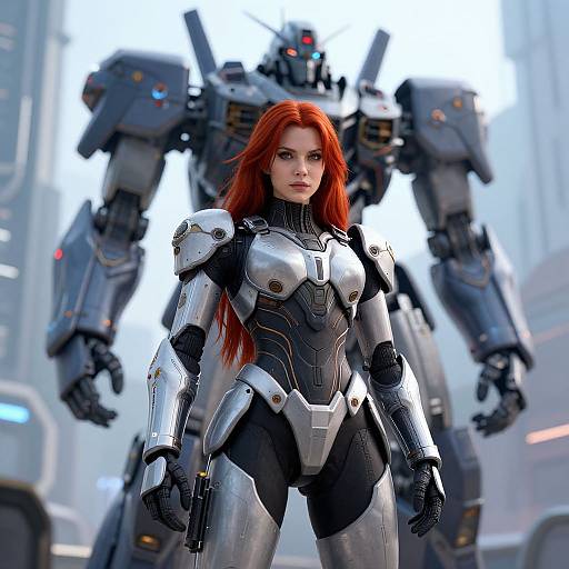 Photorealistic CGI of a fierce, red-haired woman in silver and black armored suit, standing confidently with a towering, gray mecha robot behind her