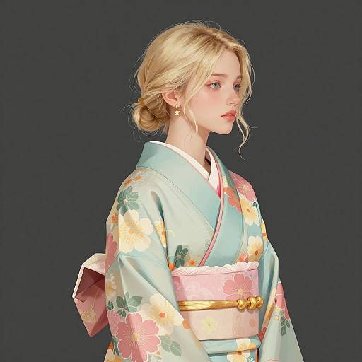 Serene Young Woman in Floral Kimono