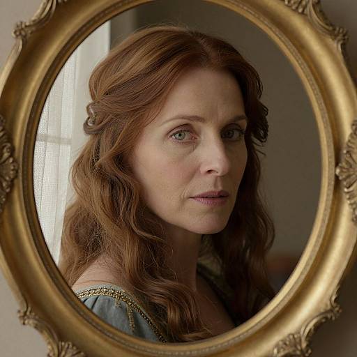 Photograph of a solemn-looking woman with wavy auburn hair, framed in an ornate gold oval mirror, wearing a blue dress with gold
