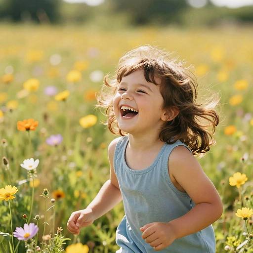 Joyful Brunette Child in Wildflowers