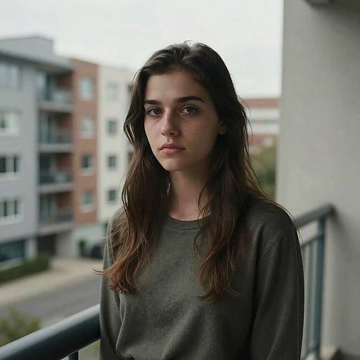 Photograph of a young woman with long, dark brown hair and serious expression, wearing a gray sweatshirt, standing on a balcony with urban apartment buildings