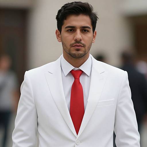 Photograph of a handsome young man with short black hair, medium skin tone, and dark eyes, wearing a white suit and bright red tie, standing