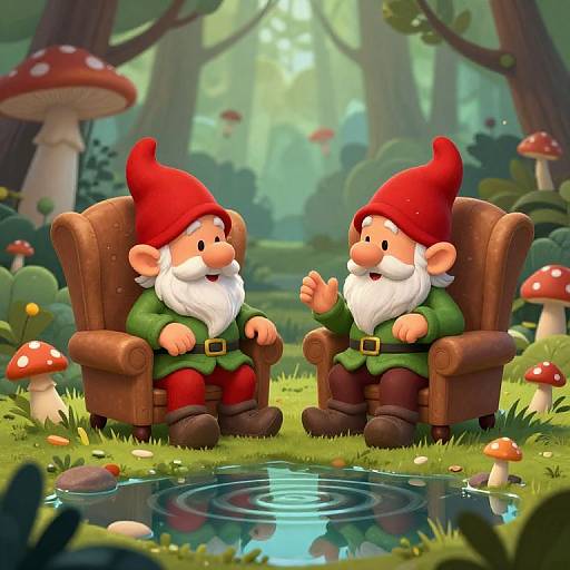 Two cartoon gnomes with red hats and green clothes, sitting in brown armchairs by a pond in a whimsical forest, surrounded by mushrooms