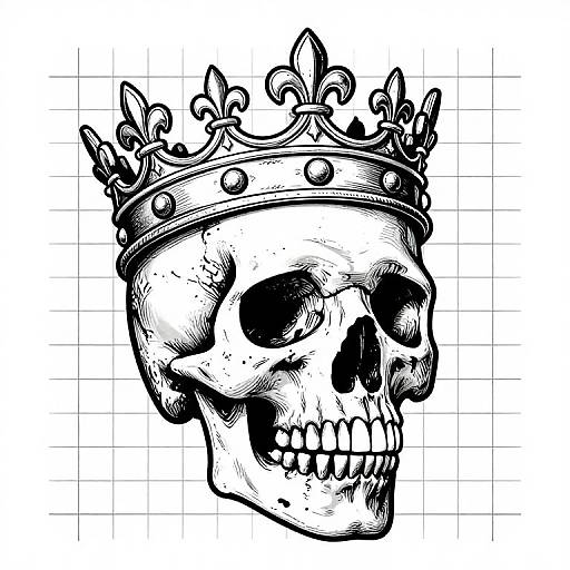 Black and white ink drawing of a skull wearing a detailed crown, set against a grid pattern background, showcasing intricate linework and shading.