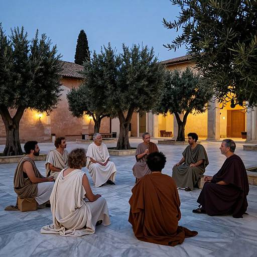 Ancient Philosophers Debating at Twilight