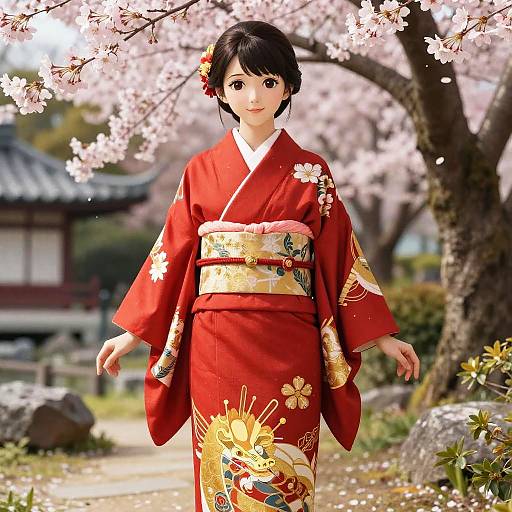 Red Kimono in Cherry Blossom Garden